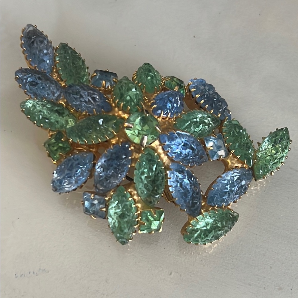 Vintage Large Green and Blue Molded Glass Gold Tone Brooch